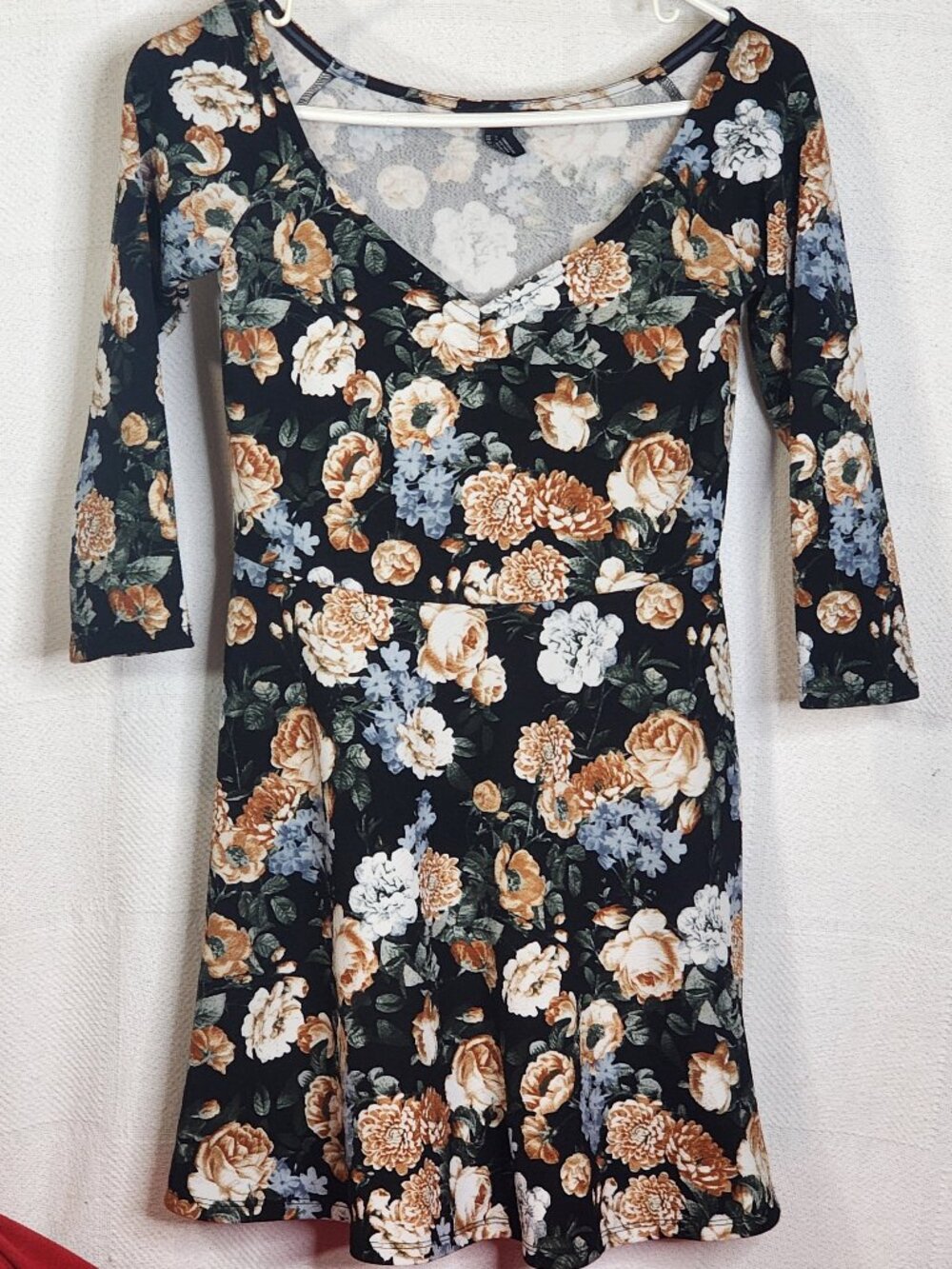 Forever 21 Black Brown Grey Floral Poly Span Rib Texture 3/4 Sleeve Midi Dress M
